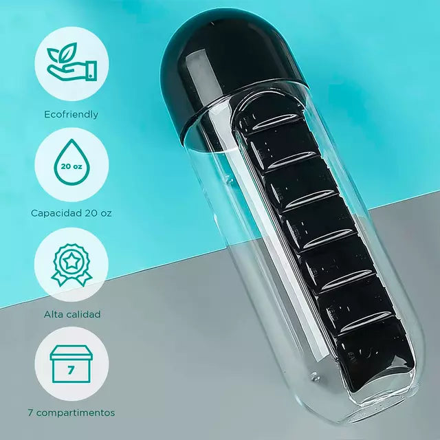 Botella Porta Pastillero 2 en 1 – Agua y Pastillas