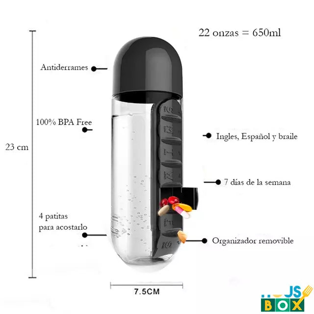 Botella Porta Pastillero 2 en 1 – Agua y Pastillas