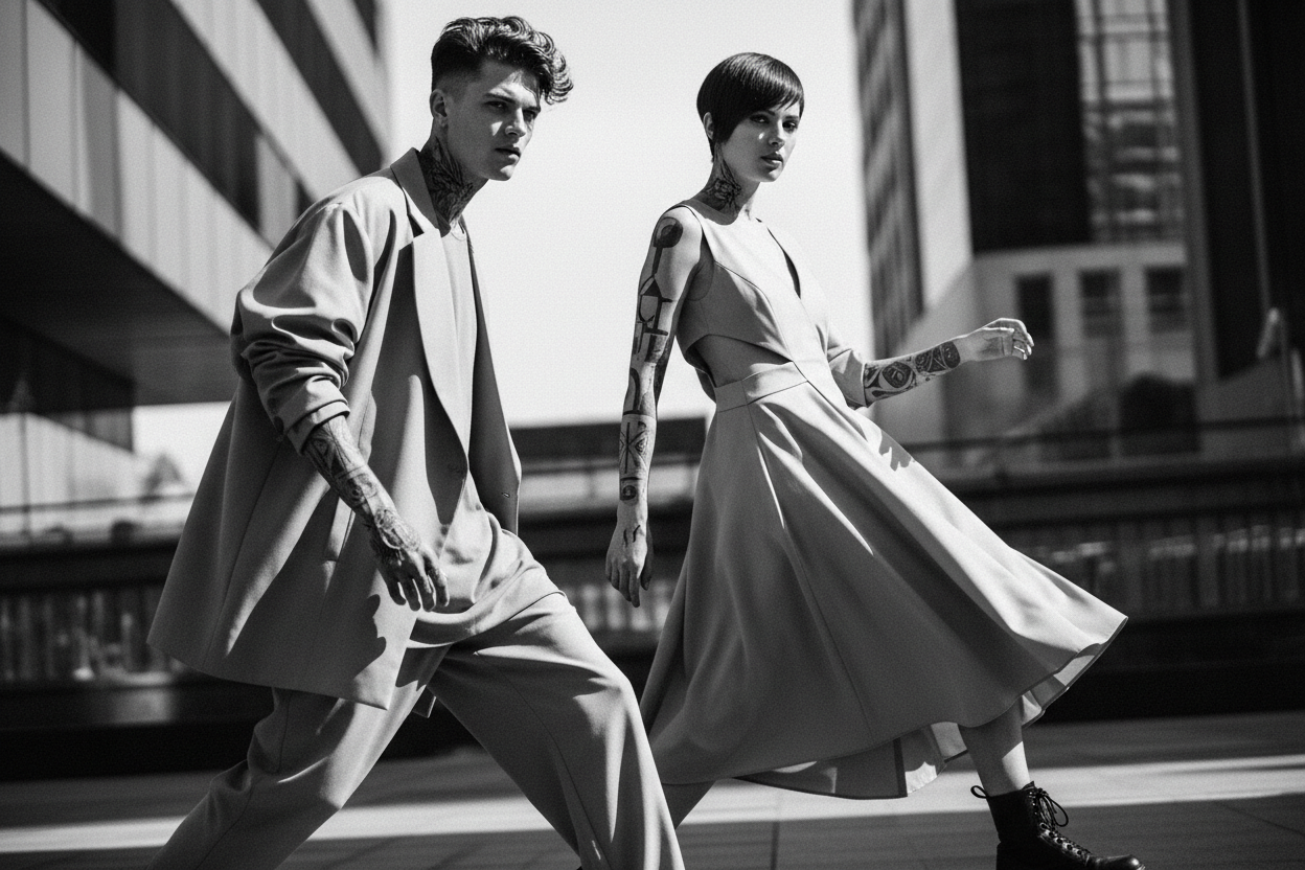 un video con movimiento de un hombre y una mujer de 18 años de edad con un corte de cabello a la moda el hombre y la mujer en blanco y negro con tatuajes estilo 2026